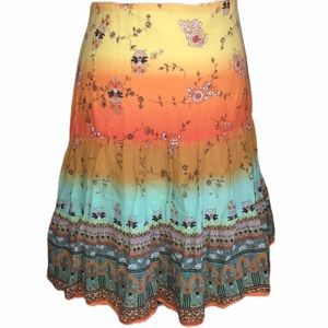 Fairy Boho Ombre Yellow Orange Teal Floral Cotton Tiered Skirt